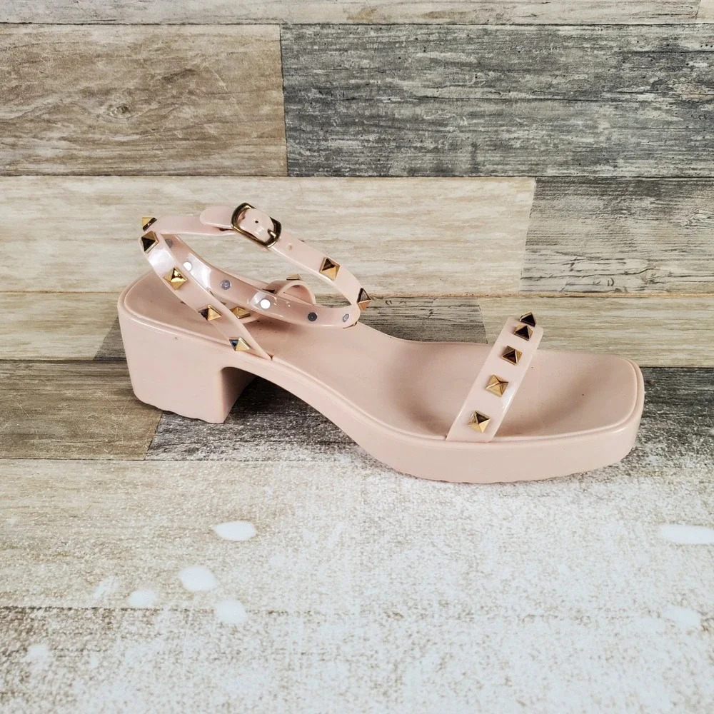 MIA Indi‎ Jelly Womens Sandals Sz 9 M Natural Ankle Strap Square Toe Block Heel